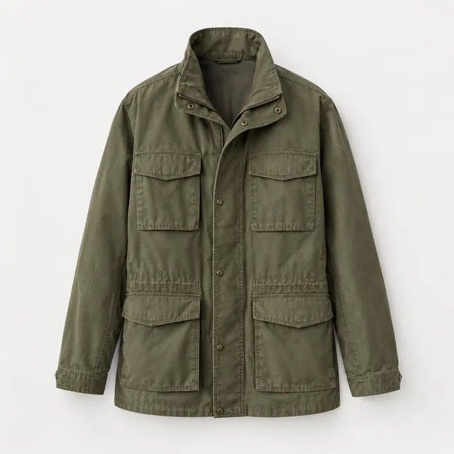 Field jacket front view in neutral light.