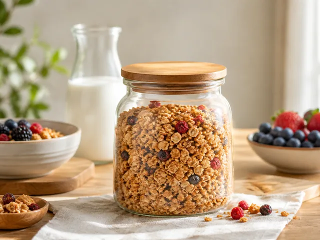 Clear granola jar sits between bowls of berries, with a glass bottle behind it.