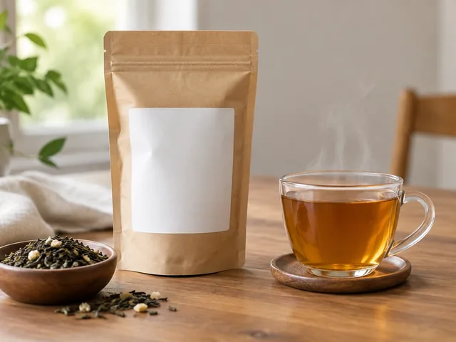 Loose-leaf tea pouch beside a steaming cup.
