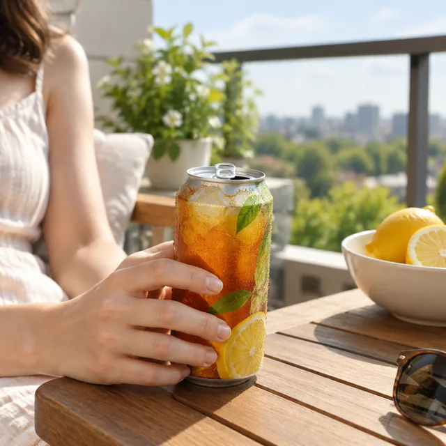 Iced tea can opened on a sunny balcony.