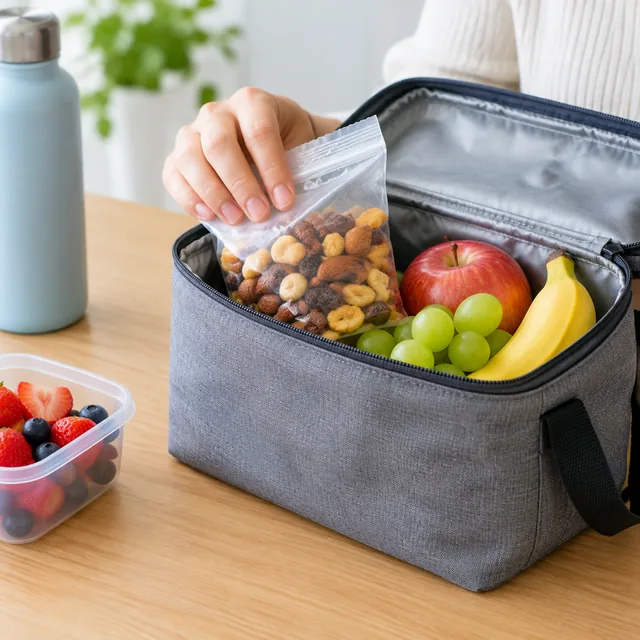 Snack bag packed in a lunch bag with fresh fruit.