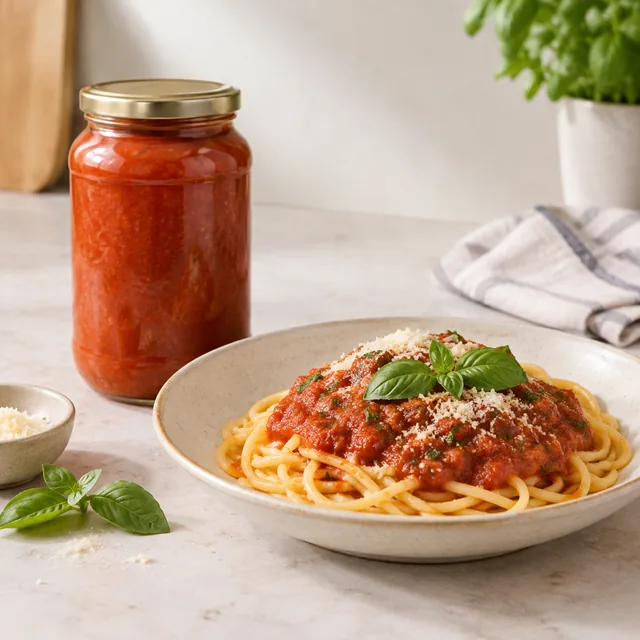Pasta sauce jar beside a finished plate of pasta.