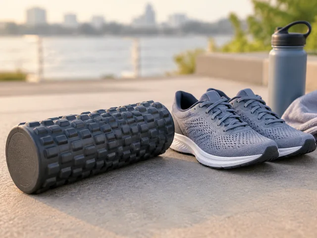 Foam roller and gray running shoes rest on rough paving beside a water bottle, with water in the distance.