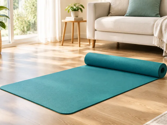 Teal yoga mat unrolled in a sunny living room.