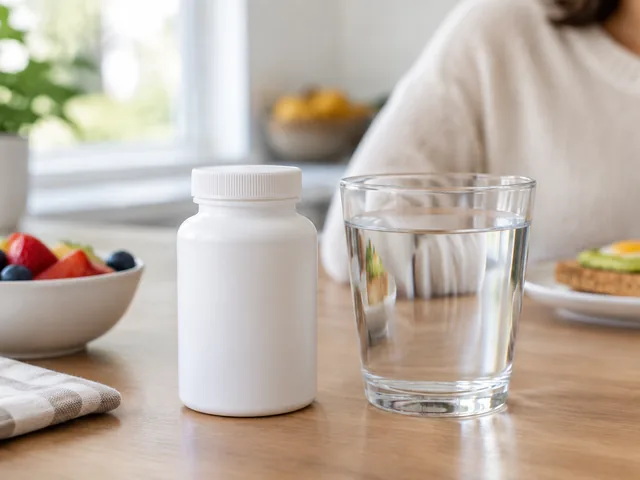 Vitamin bottle beside a glass of water at breakfast.