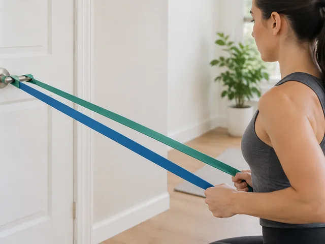 Resistance bands looped over a door handle.