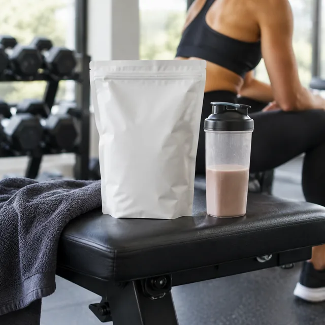 Protein powder pouch on a gym bench after a workout.