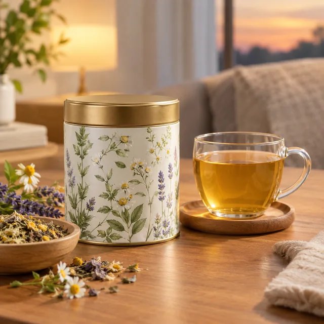 Herbal tea tin beside an evening cup.