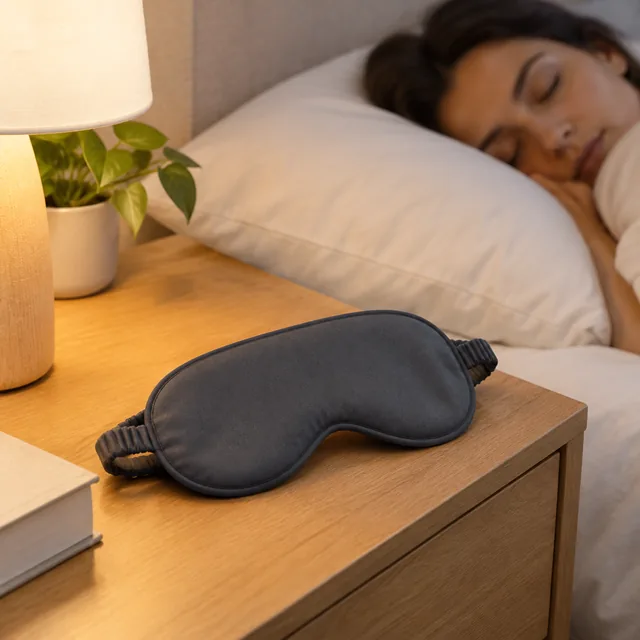 Sleep mask on a nightstand at bedtime.