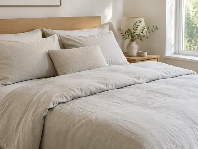 Linen bedding on a freshly made bed.