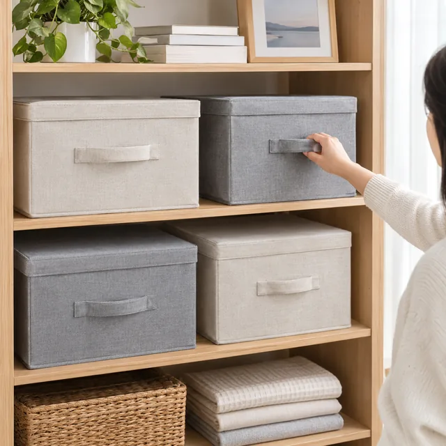 Fabric storage boxes on a tidy shelf.