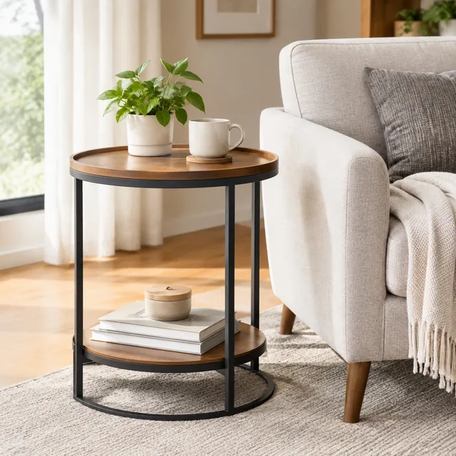 Round side table beside an armchair.