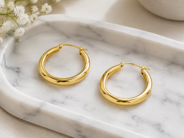 Two polished gold hoops rest on veined marble with a leafy sprig nearby.