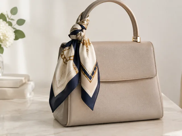 Silk scarf knotted on a handbag handle.