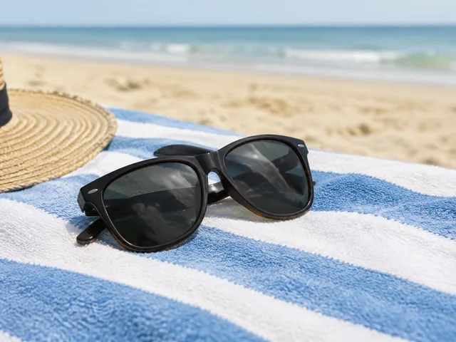 Sunglasses folded on a beach towel.