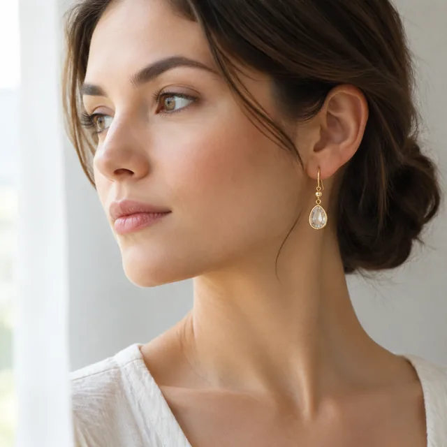 Drop earrings worn in soft window light.