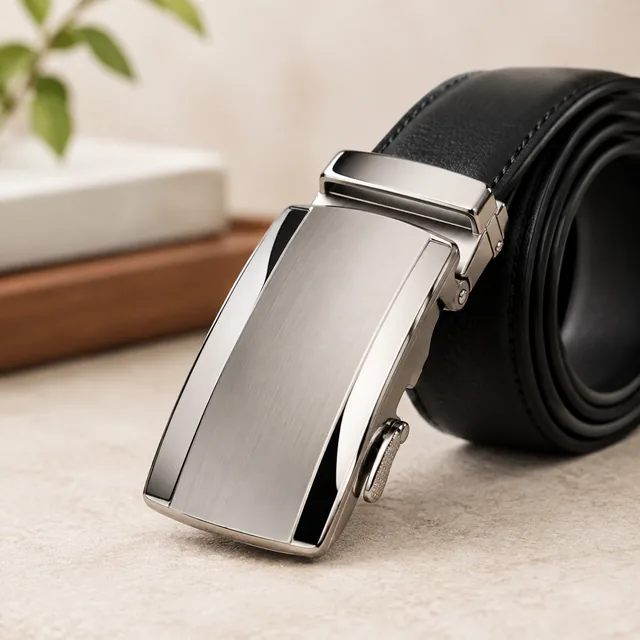 Polished belt buckle under soft light.