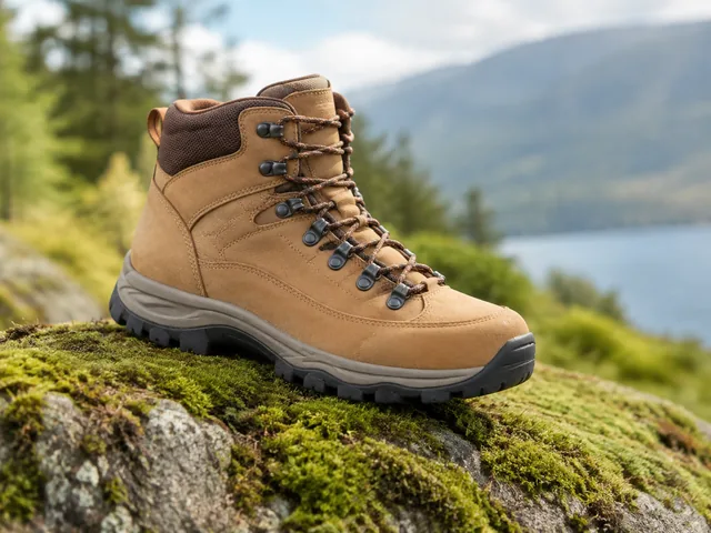 Tan leather hiking boot with dark laces stands on moss above a lake and distant hills.