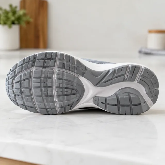 Sneaker outsole tread on a clean counter.