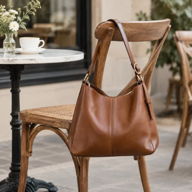 Leather handbag hanging on a cafe chair.