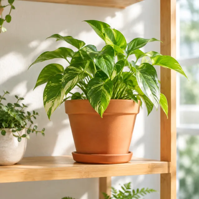 Terracotta plant pot on a sunny plant shelf.