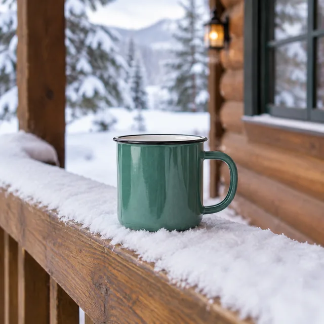 Enamel camping mug on a snowy cabin porch rail.