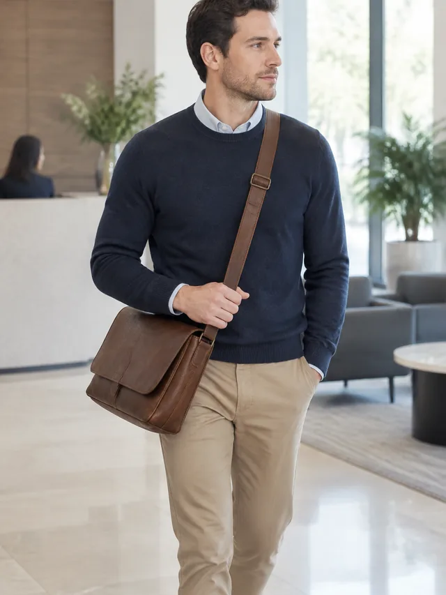 Adult carrying a leather messenger bag across the body in an office lobby.