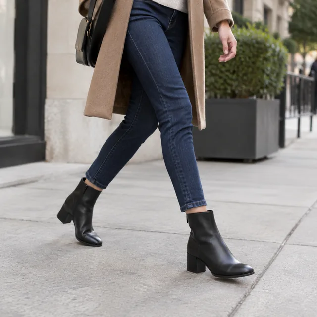 Leather ankle boots worn mid-step on a city sidewalk.