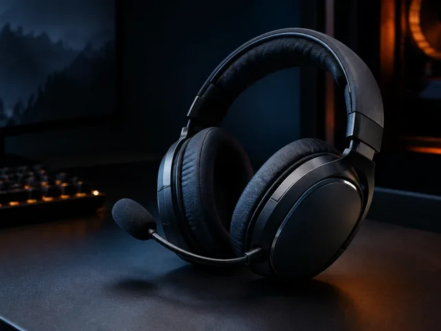 Black headset with a boom microphone sits on a desk beside a keyboard under blue light.