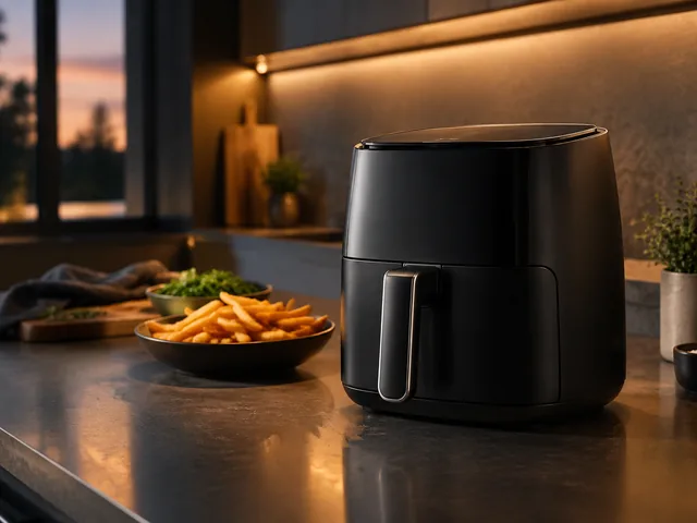 Air fryer on a sleek counter in moody evening light.