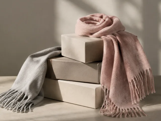 Cashmere scarf gift boxes stacked in shadow.