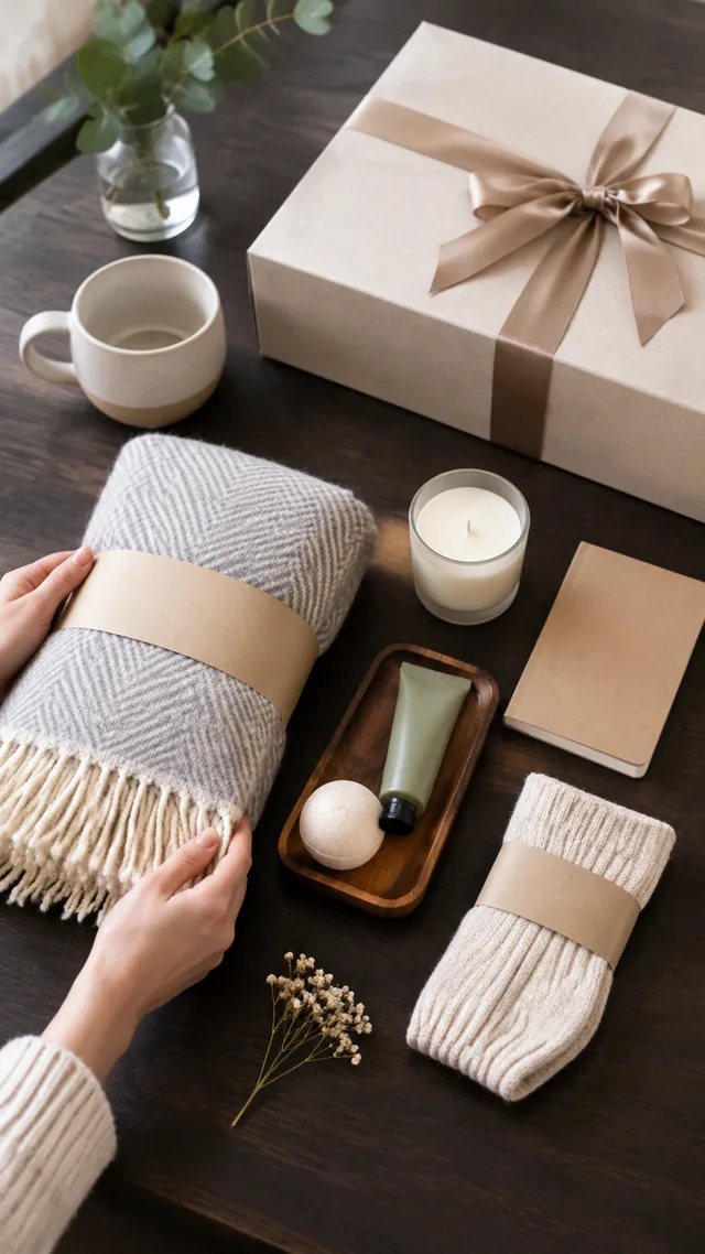 Gift set arranged piece by piece on a dark table.