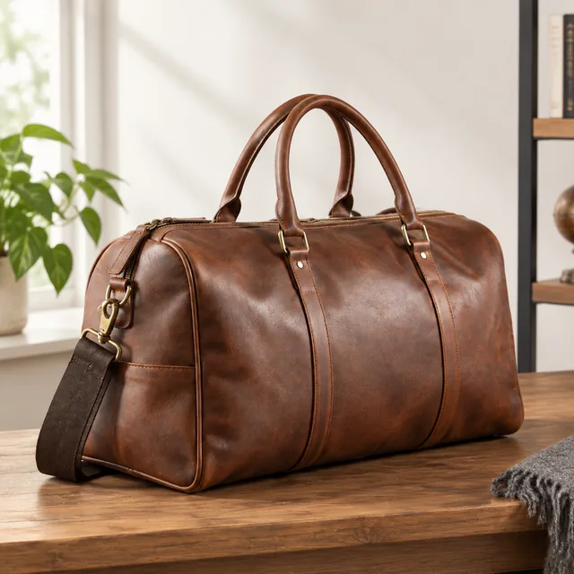 The same leather duffel in brighter light.