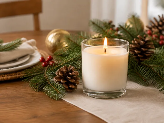 Scented candle on a holiday table with pine branches.