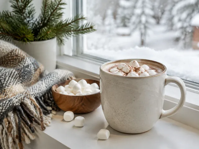 Marshmallow-topped cocoa mug sits beside a bowl and folded knit throw against a snowy window.