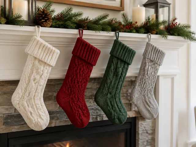 Knit stockings hung on a mantel.