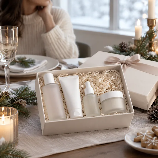Skincare gift set on a winter dinner table.