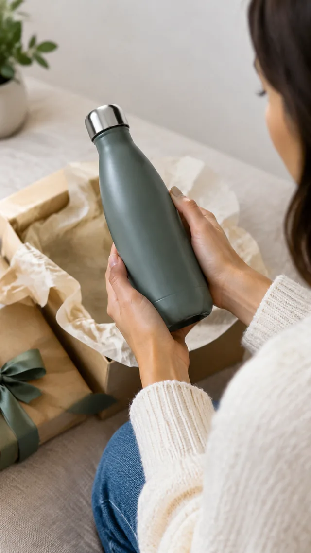 Gift unwrapped to a bottle held in both hands.