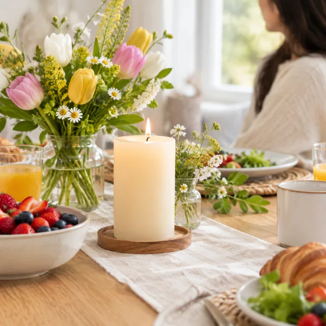 Pillar candle on a spring brunch table.