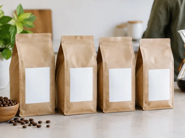 First-batch coffee bags lined up on a counter.