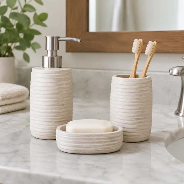 Three-piece bath bundle on a bathroom counter.