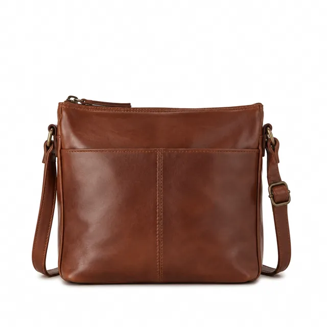 Leather crossbody bag, front view, on a pure white background.