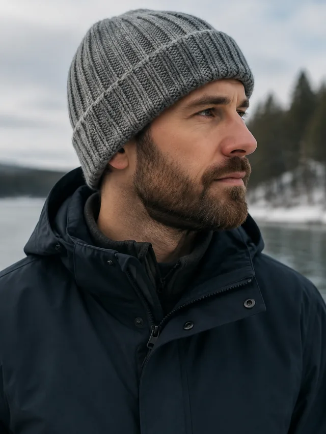 Knit beanie worn by an adult outdoors on a cold day, head and shoulders.