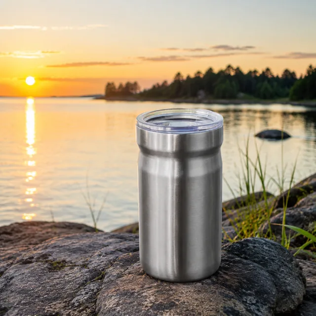 Steel travel tumbler on a lakeside rock at sunrise.