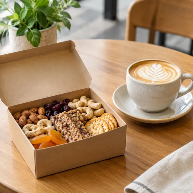 Box of snacks on a cafe table beside a latte.