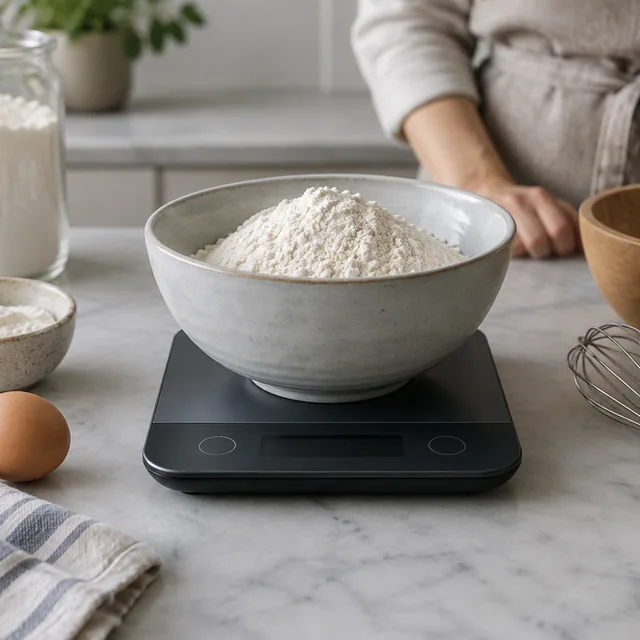 Kitchen scale in use with a bowl of flour, display dark.