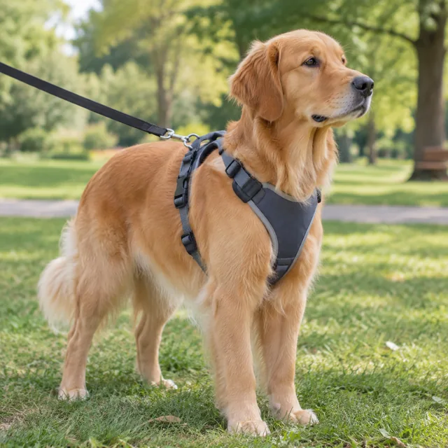 Dog harness worn by a dog in a park.