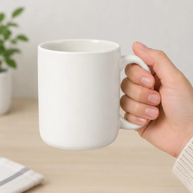The same ceramic mug held in one hand to show its size.