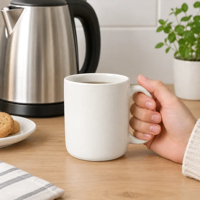 The same ceramic mug in use beside a kettle.