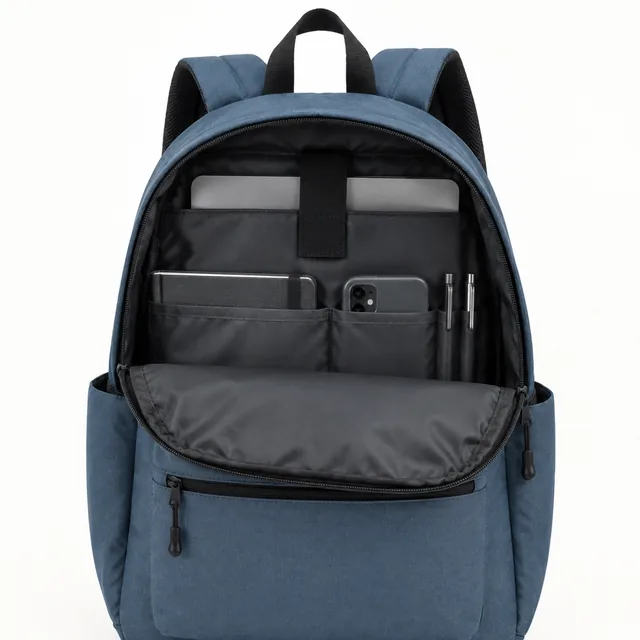 The same daypack opened to show its inner pocket.